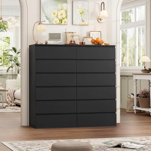 Vista 4 de FOTOSOK Cómoda Negra, Cómoda de 6 Cajones, Cómoda Alta y Moderna Negra de Almacenamiento Cajonera de Madera con Riel Deslizante de Metal, Gabinete