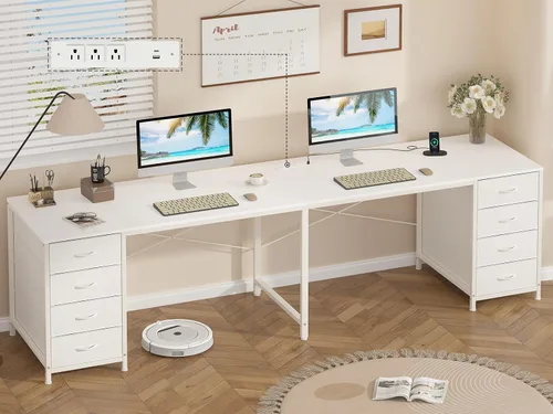 Vista 23 de YOMILUVE Escritorio para computadora de 50 pulgadas con 8 cajones, escritorio para oficina en casa con tomas de corriente, escritorio de trabajo