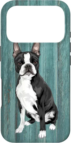 Vista 30 de Boston Terrier Faux Blue Wood Background Case for iPhone 17