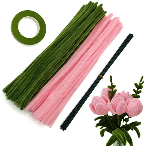 Vista 8 de Juego de 200 limpiapipas naranja verde oliva con alambres florales y cinta de jardinería, tallos de felpilla para hacer ramos de tulipanes, caqui