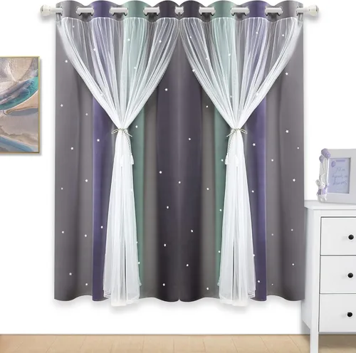 Vista 10 de Cortinas de rayas de estrellas para dormitorio de niñas, cortinas huecas para ventana, cortinas de ventana con ojales, cortinas coloridas degradadas