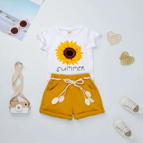 Vista 2 de FOCUTEBB Conjunto de ropa corta de verano para niñas pequeñas, camiseta de lino con cinturón