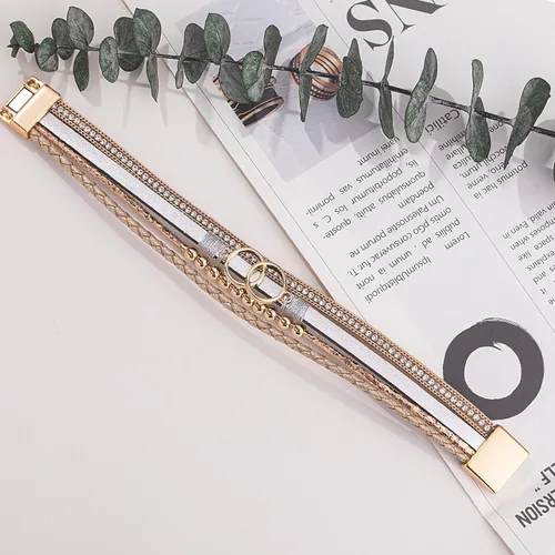 Vista 5 de FANCY SHINY Pulseras bohemias de cuero con cuentas doradas para mujer, apilables con cierre magnético