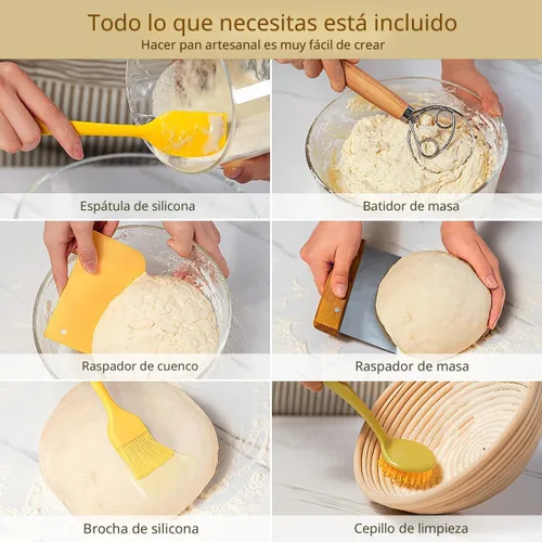 Vista 5 de BAVIFY Kit Inicial para Masa Madre, Juego de Cestas Redondas de 9" y Ovaladas de 10" para Prueba de Pan Banneton, Suministros para Hornear Pan