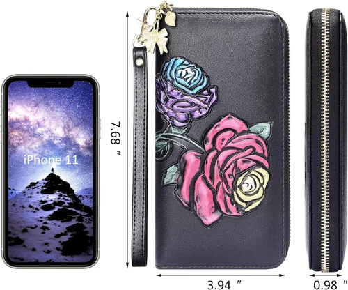 Vista 2 de FEITH & FELLY - Cartera con bloqueo RFID para mujer, de cuero grabado en relieve, talla única