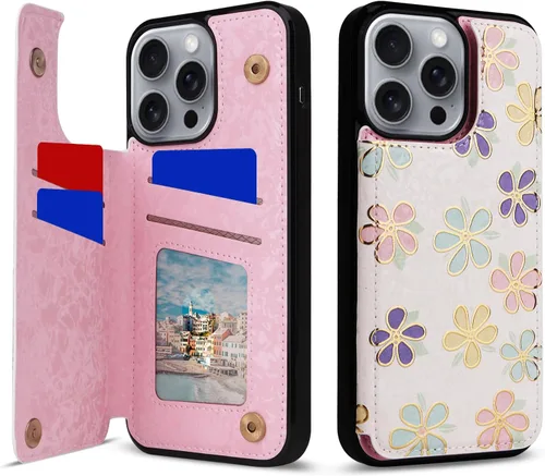 Vista 65 de UEEBAI Funda tipo cartera para iPhone 13 con tarjeteros, piel sintética, diseño floral, función atril, bloqueo RFID, doble cierre magnético, funda