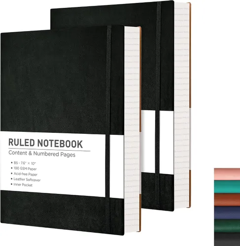 Vista 11 de RETTACY Cuaderno rayado, 2 paquetes, 204 páginas numeradas por paquete, B5 mediano 17.6 x 25 cm, tapa blanda de cuero, papel grueso de 100 g/m²