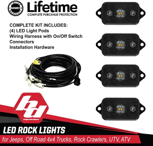 Vista 5 de Kit de luz LED para roca Baja Designs - 4 piezas. LED con arnés de cableado (blanco)
