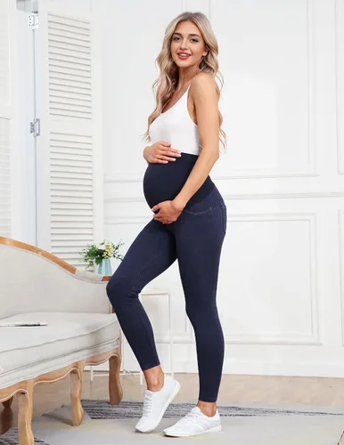 Vista 6 de HOFISH Maternity Denim Leggings Over The Belly Seamless Faux Jeans Comfy Active Stretch Pregnancy Pants with Pockets