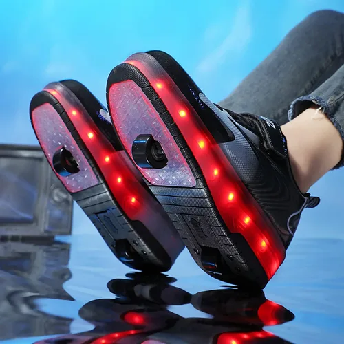 Vista 5 de HHSTS Zapatos para niños con ruedas, zapatos de color de luz LED, patines brillantes, zapatos de patinaje, regalos simples para niños y niñas
