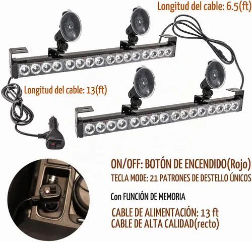 Vista 2 de Barra de luz estroboscópica de emergencia 2 en 1, 21 patrones de flash, amarillo/blanco, de prevención de tráfico, de advertencia, para parabrisas