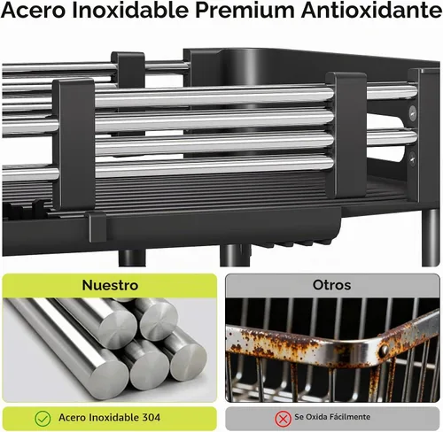 Vista 8 de Urackify - Escurreplatos de acero inoxidable - Escurridor de platos para encimera de cocina, bandeja de drenaje extensible con organizador plegable