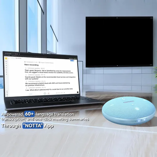 Vista 2 de Altavoz de conferencia Bluetooth M4 con reducción de ruido AI, resúmenes de IA, transcripción AI con soporte de 60 idiomas, captación de voz 360° a