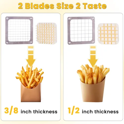 Vista 2 de Cortador de papas fritas de servicio pesado con 3 cuchillas de acero inoxidable (1/4" 3/8" 1/2") - Rebanador manual de papas de metal para verduras