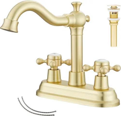 Vista 18 de Grifo de Baño GGStudy de Latón Antiguo de 2 Manijas de 4 Pulgadas Grifo Central de Tocador de Baño con Conjunto de Drenaje y Manguera de Suministro