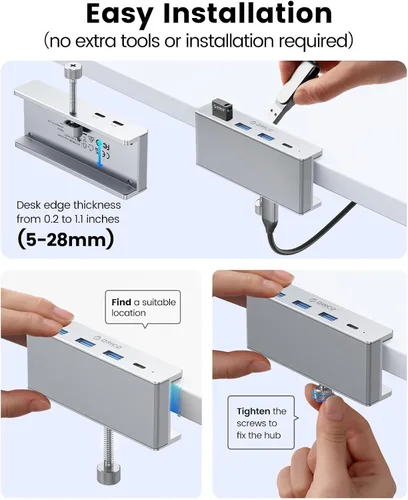 Vista 13 de ORICO Hub USB 3.0, Abrazadera USB Hub con puerto de alimentación adicional, 3 puertos de datos USB-A, puerto USB-C para monitores, escritorios