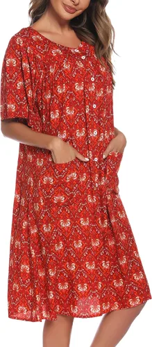 Vista 4 de Vestido de casa para mujer, camisones de algodón con botones y bolsillos, S-XXL