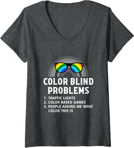 Vista 4 de Womens Color Blind Problems Blindness Test Eye Glasses Rainbow V-Neck T-Shirt