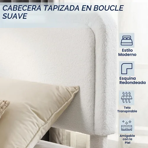 Vista 4 de Flolinda Base de cama tapizada tamaño King con cabecera ajustable, plataforma moderna con listones de madera de tela Boucle, perfil bajo,