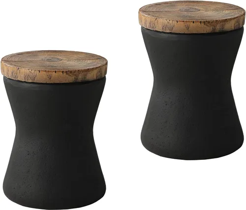 Vista 11 de COSIEST Mesa auxiliar para exteriores, mesa auxiliar de tambor, parte superior de madera sintética, base negra con tronco de árbol pintada a mano
