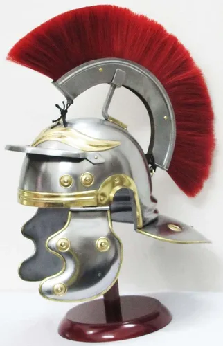 Vista 3 de Casco de caballero medieval centurión romano armadura guerrero metal rojo pluma con forro
