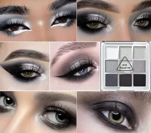 Vista 5 de Paleta de sombras de ojos de 9 colores negro ahumado mate con purpurina, sombra de ojos duradera impermeable para niñas y mujeres