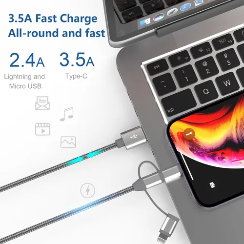 Vista 4 de Adaptador de cable de carga 3 en 1, Lightning certificado MFi de Apple, tipo C, cable micro USB, compatible con iPhone 16/15/14, iPad, Huawei, HTC