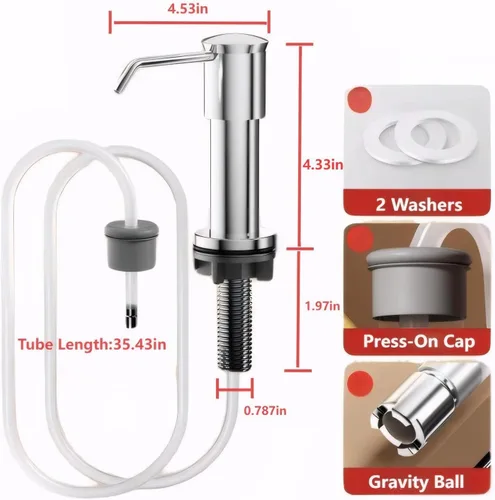 Vista 3 de Dispensador de jabón para platos para fregadero de cocina (pulido), bomba dispensadora de jabón para platos de acero inoxidable con kit de tubo