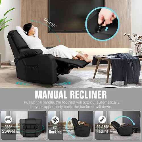 Vista 4 de LEVELEVE Silla reclinable mecedora, silla reclinable de masaje con masaje por vibración y calor, sillas giratorias de piel sintética de 360°, sala