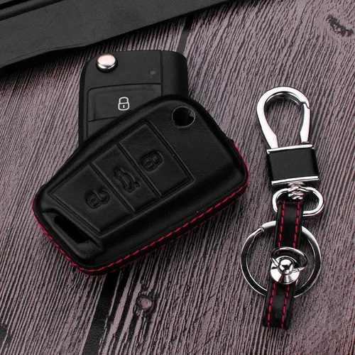 Vista 4 de Hombres Mujeres Cuero Genuino Llavero Funda Para Volkswagen/Para Skoda/Para Audi/Para Asiento Flip Car Remote Key Case Funda Funda Con Kit Llavero