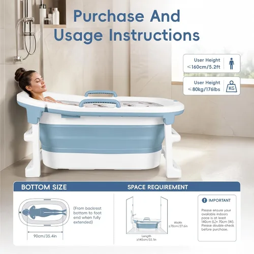 Vista 4 de Foldable Bathtub for Adults, Extra Large Insulated Soaking Tub Blue
