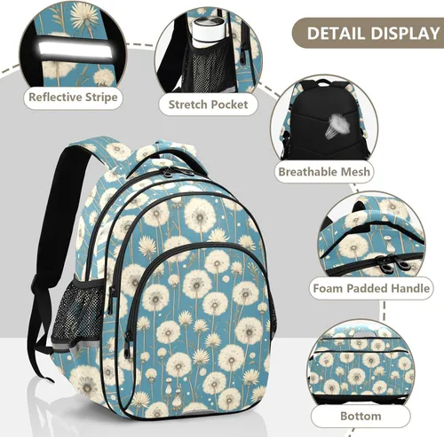 Vista 5 de Mochila de viaje victoriana retro con flor de diente de león blanca para niños, adolescentes, niños, mochila escolar para adolescentes y niños