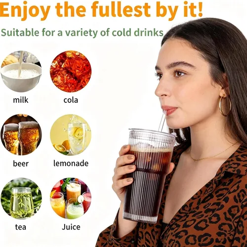 Vista 5 de Vaso de vidrio acanalado de 20 onzas, tazas de café helado con tapas y pajitas, vaso grueso reutilizable para llevar, ideal para café, batidos