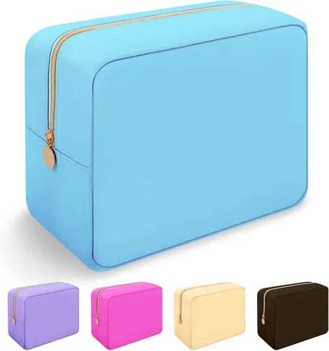 Vista 13 de Iqimott Bolsa Grande de Maquillaje de Nylon, Neceser de Viaje, Bolsa Grande de Cosméticos Preppy, Organizador de Maquillaje de Nylon, Bolsa de Beige