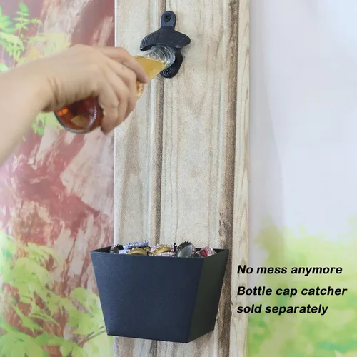 Vista 3 de Abridor de botellas de hierro fundido negro montado en la pared con tornillos montables para mesa de poste enfriador de madera (paquete de 3)