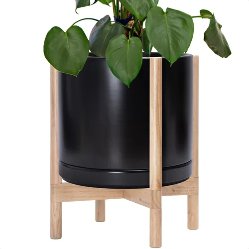 Vista 103 de D'vine Dev Maceta de cerámica con soporte de ébano – Maceta redonda moderna de 8 pulgadas con soporte para maceta de madera, color negro, 55-B-M-2