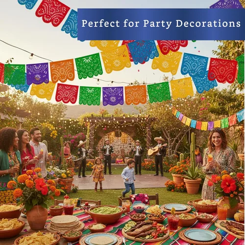 Vista 4 de Pancartas de fiesta mexicana (paquete de 2 con 10 banderas de plástico por bandera), papel picado mexicano para fiesta, papel picado de plástico