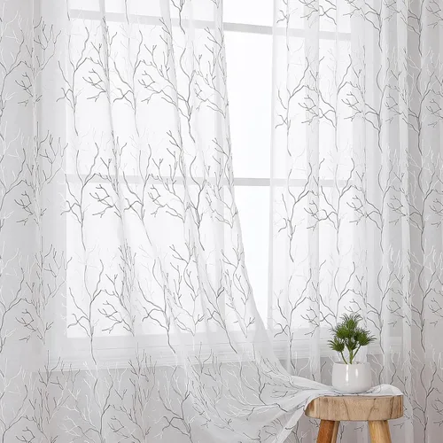 Vista 76 de VISIONTEX 2 paneles de cortinas traslúcidas de 63 in de largo, cortinas de gasa semitransparentes bordadas con hojas florales beige, bolsillo
