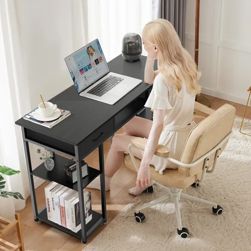 Vista 2 de Escritorio para computadora de 47 pulgadas con 2 cajones, escritorio de oficina en casa con estantes de madera, mesa de PC de escritura de estudio