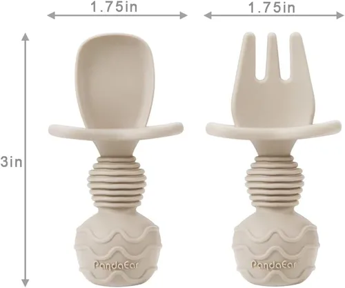 Vista 4 de PandaEar Cucharas de silicona para bebés y utensilios para niños pequeños (bronceado claro/nogal/azul)