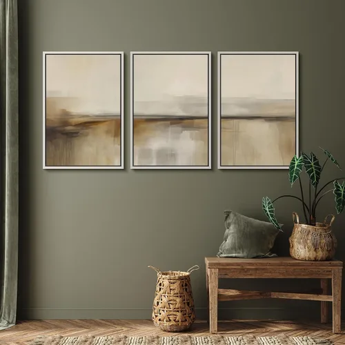 Vista 308 de SIGNFORD - Set de obras de arte en lienzo enmarcado para pared, ilustraciones abstractas de neblina del desierto en tonos neutros beige y marrón