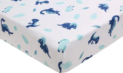 Vista 8 de Juego de ropa de cama de cuna de dinosaurio azul T-Rex con temática de dinosaurio para bebé, juego de ropa de cama + sábana bajera + falda + cenefa