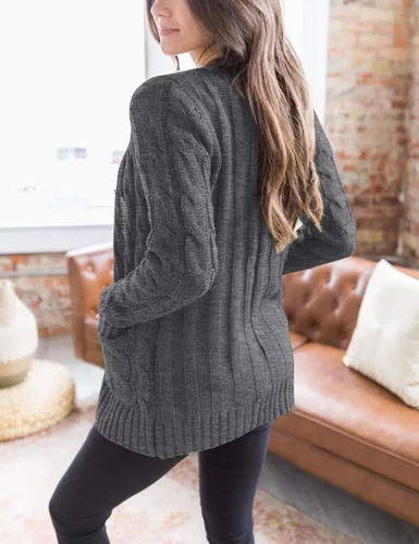 Vista 2 de MEROKEETY - Suéter de punto trenzado y manga larga para mujer, estilo cárdigan abierto al frente, con botones, para otoño, ropa de exterior holgada