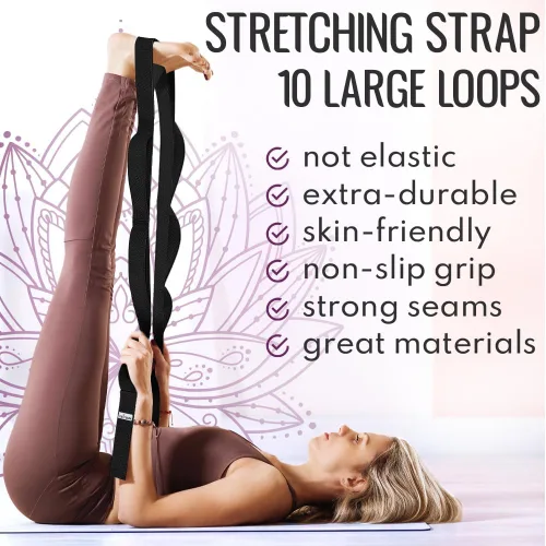 Vista 2 de TECEUM Stretching Strap with 10 Loops for Physical Therapy & Rehab Non-Elastic Yoga Stretch Band for Hamstring, Leg, Hip & Knee Rehab, Pilates