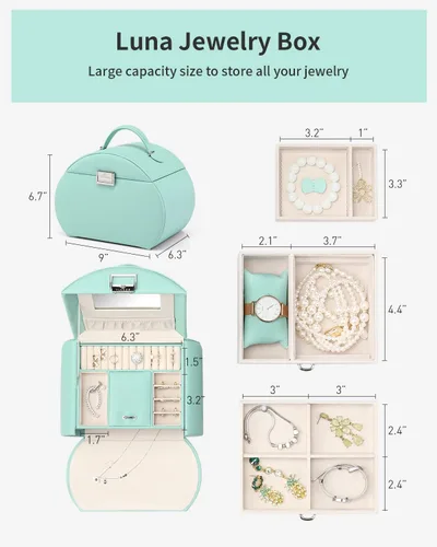 Vista 5 de Caja de joyería Vlando para niñas, estilo princesa, diseño de media luna (color verde)