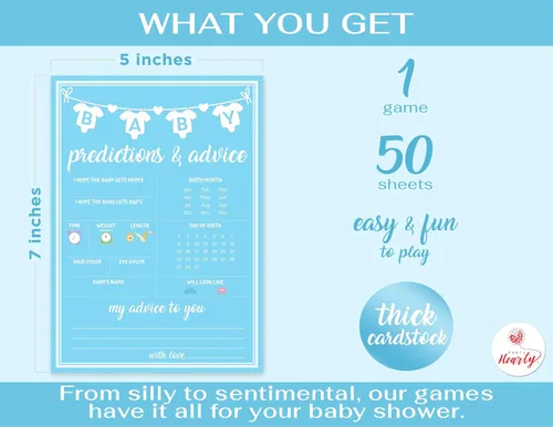 Vista 2 de Party Hearty Juegos de Baby Shower para Niño, 50 pcs Juego de Predicciones y Consejos, Tarjetas de Actividades Divertidas, Ideas de Baby Shower 50
