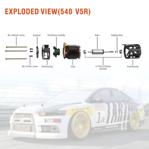 Vista 7 de Surpass Hobby 540 V5R 21.5T Motor sin escobillas con sensor, Motor RC de 2500kv de nivel de competición con eje de 5.0, ESPECIFICACIÓN Uso