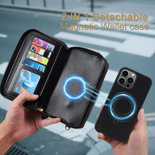Vista 3 de Harryshell Funda compatible con iPhone 13 Pro Max de 6.7 pulgadas 2021, con múltiples cremalleras, funda magnética desmontable con ranuras para Negro