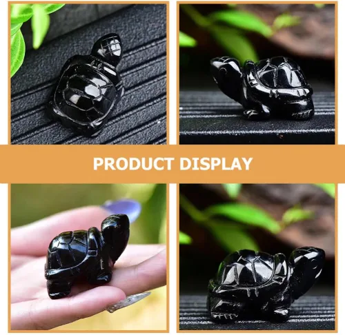 Vista 5 de HOMSFOU Estatua de tortuga de cristal, figura de tortuga de obsidiana negra, escultura natural tallada a mano, escultura de animal coleccionable