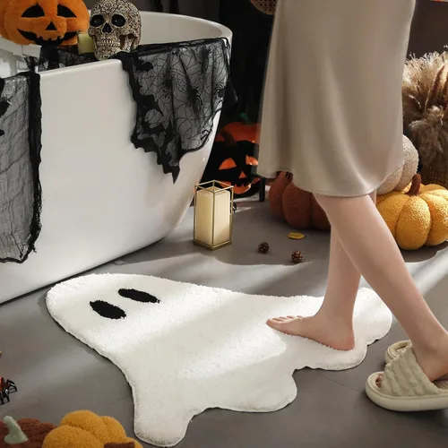 Vista 2 de YRXRUS Tapetes de baño de fantasmas de Halloween, ultra suaves, lavables a máquina, color blanco, para decoración de habitación de Halloween, 20 x